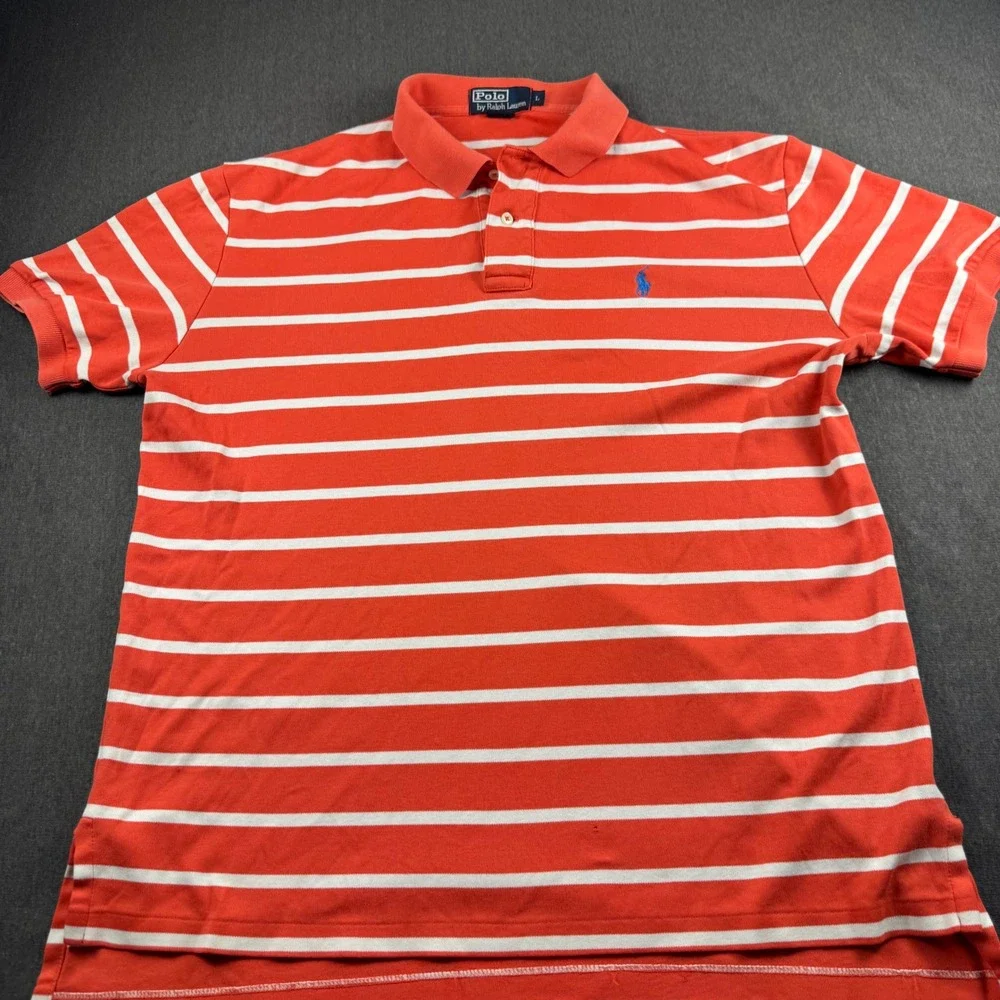 Polo Ralph Lauren Mens Large Orange White Striped Short Sleeve Cotton Polo Shirt